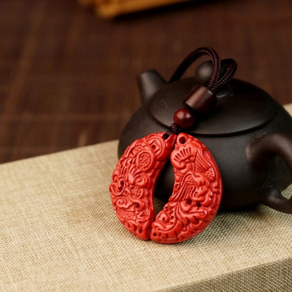 Red Cinnabar - Dragon and Phoenix Couples Hollow Pendants